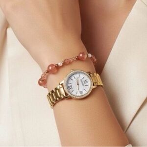 Kessaris Gold Tone Watch + Pink Gemstone Bracelet Set New Battery | Gift Bundle